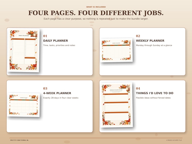 Four-page autumn planner set showing daily planner, weekly planner, 4-week planner and flexible things I’d love to do page in matching fall designs.