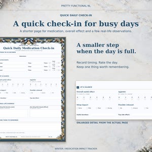 Winter Quick Daily Medication Check-in, with a complete page and enlarged actual detail for overall effect, appetite, sleep and rebound observations.