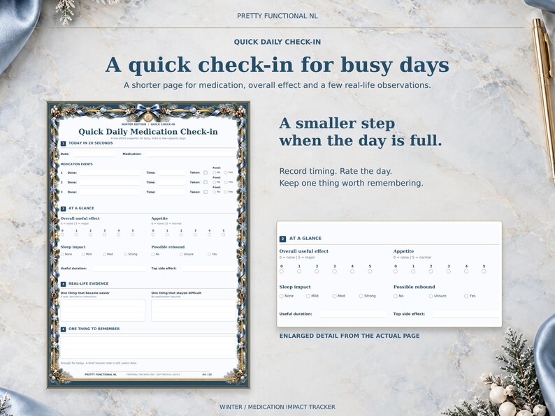 Winter Quick Daily Medication Check-in, with a complete page and enlarged actual detail for overall effect, appetite, sleep and rebound observations.
