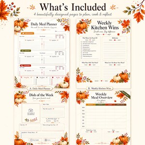 A grid display showing all four pages included in the autumn daily meal planner bundle labeled for daily planning, wins, dish, and overview.