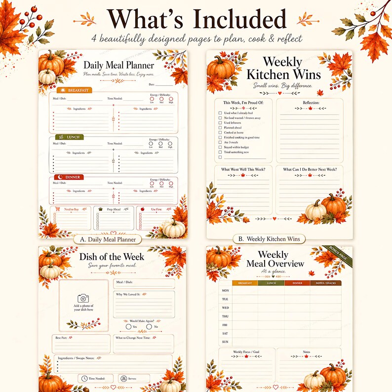 A grid display showing all four pages included in the autumn daily meal planner bundle labeled for daily planning, wins, dish, and overview.