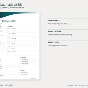 Tidal Index daily printable planner with a November 2 workday example, top priorities, hourly schedule, tasks and follow-ups. Blue handwriting-style entries demonstrate print-and-write use. Design uses teal and petrol gradients and the PF monogram.