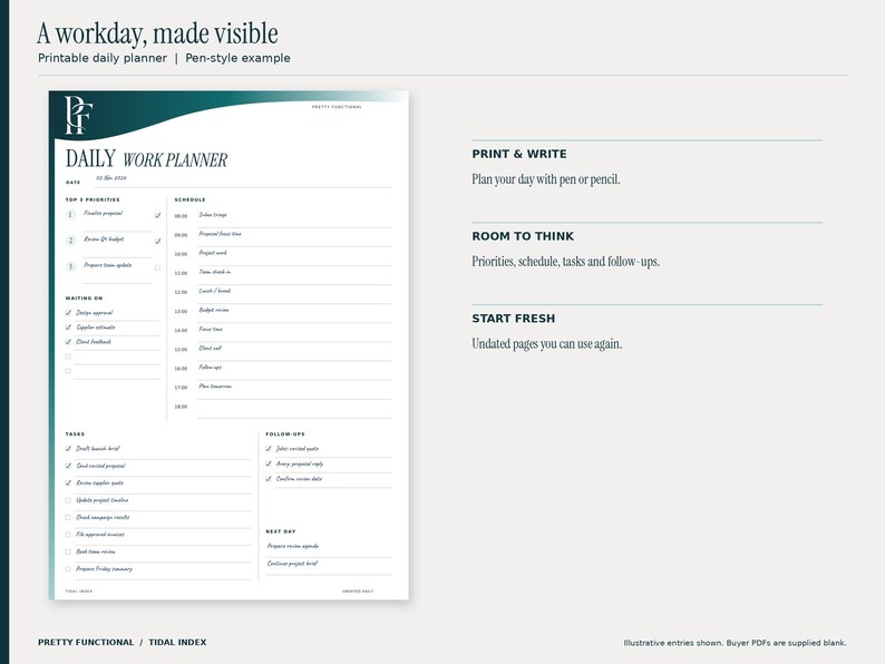 Tidal Index daily printable planner with a November 2 workday example, top priorities, hourly schedule, tasks and follow-ups. Blue handwriting-style entries demonstrate print-and-write use. Design uses teal and petrol gradients and the PF monogram.