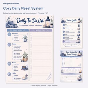 Cozy Daily Reset System. Exact pages from the buyer PDF, with enlarged readable previews. Digital download by PrettyFunctionalNL.