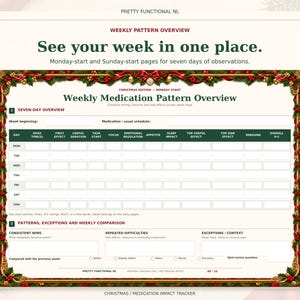 Large landscape weekly medication pattern overview in the Christmas design, with seven daily rows and weekly observations. Monday-start and Sunday-start pages are included.