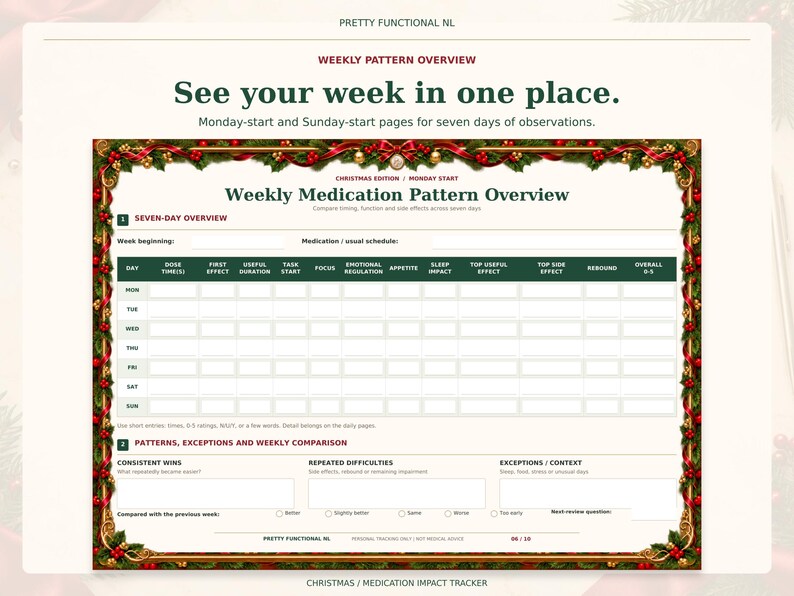 Large landscape weekly medication pattern overview in the Christmas design, with seven daily rows and weekly observations. Monday-start and Sunday-start pages are included.