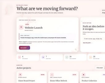 May include: A digital dashboard interface titled Project Studio with a light pink color scheme. The layout features a sidebar with navigation, a main area for active projects, a quick capture section, and summary statistics for tasks and ideas.