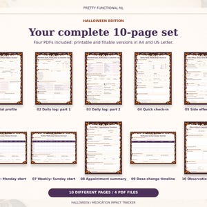 All 10 pages of the Halloween medication tracker: trial profile, two daily logs, quick check-in, side effect detail, two weekly starts, appointment summary, timeline and notes.