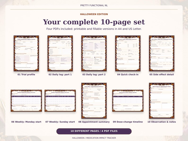 All 10 pages of the Halloween medication tracker: trial profile, two daily logs, quick check-in, side effect detail, two weekly starts, appointment summary, timeline and notes.