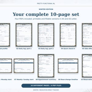 All 10 pages of the Winter medication tracker: trial profile, two daily logs, quick check-in, side effect detail, two weekly starts, appointment summary, timeline and notes.