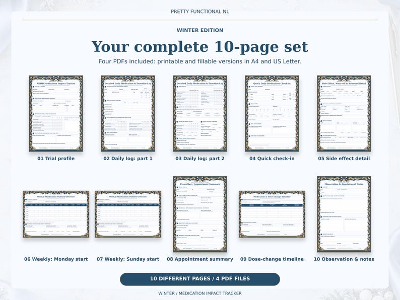 All 10 pages of the Winter medication tracker: trial profile, two daily logs, quick check-in, side effect detail, two weekly starts, appointment summary, timeline and notes.