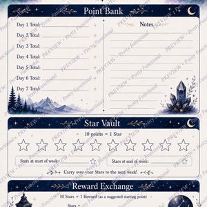 A printable point scoreboard planner page with a celestial aurora theme containing a point bank, star vault, and reward exchange section.