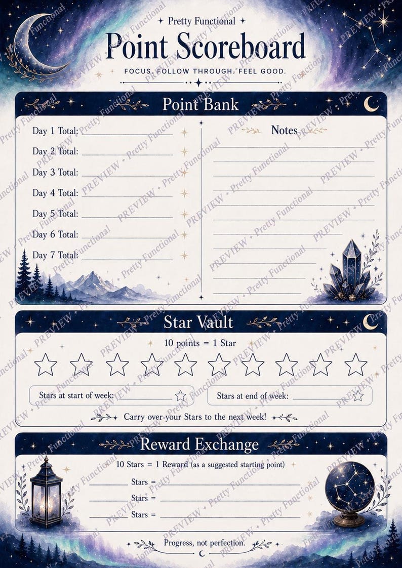 A printable point scoreboard planner page with a celestial aurora theme containing a point bank, star vault, and reward exchange section.