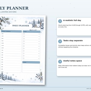 Snowy Cottage Daily Planner preview with a 6 AM to 10 PM hourly schedule, task checkboxes, priorities and notes; winter cabin and pine tree artwork frames the page.