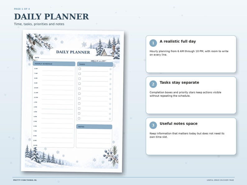 Snowy Cottage Daily Planner preview with a 6 AM to 10 PM hourly schedule, task checkboxes, priorities and notes; winter cabin and pine tree artwork frames the page.