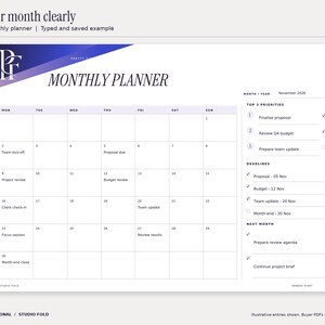 Studio Fold monthly fillable planner filled with an illustrative November 2026 office planning example. The six-row calendar includes real November dates, selected work events, priorities and deadlines. Design uses cobalt and purple gradients and the PF monogram.