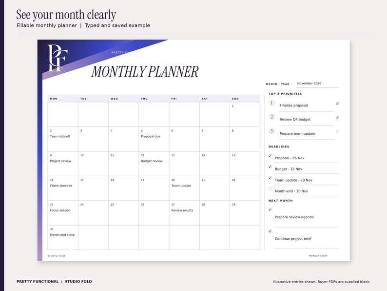Studio Fold monthly fillable planner filled with an illustrative November 2026 office planning example. The six-row calendar includes real November dates, selected work events, priorities and deadlines. Design uses cobalt and purple gradients and the PF monogram.