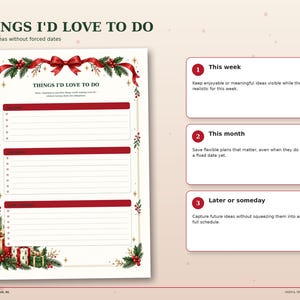 Christmas planner page for things I’d love to do, with sections for this week, this month and later or someday ideas.