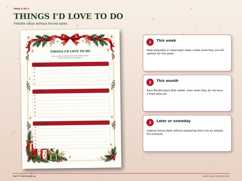 Christmas planner page for things I’d love to do, with sections for this week, this month and later or someday ideas.