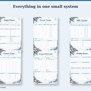 Op de afbeelding: Een set van vijf financi&euml;le planningsbladen met de titels Budget Planner, Income Tracker, Bills Tracker, Expense Tracker en Savings & Debt Tracker. Elke pagina heeft een winterse rand met dennentakken, lantaarns en sneeuwvlokken.