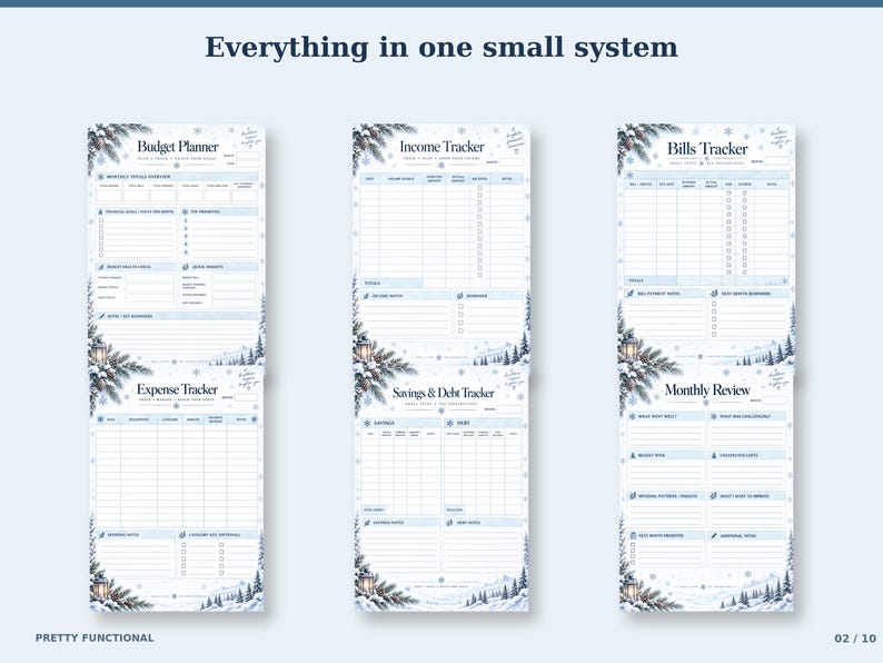 Op de afbeelding: Een set van vijf financi&euml;le planningsbladen met de titels Budget Planner, Income Tracker, Bills Tracker, Expense Tracker en Savings & Debt Tracker. Elke pagina heeft een winterse rand met dennentakken, lantaarns en sneeuwvlokken.