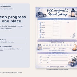 Full actual Cozy Daily Checklist A4 scoreboard with seven-day Point Bank, Reward Star Vault and Reward Exchange.