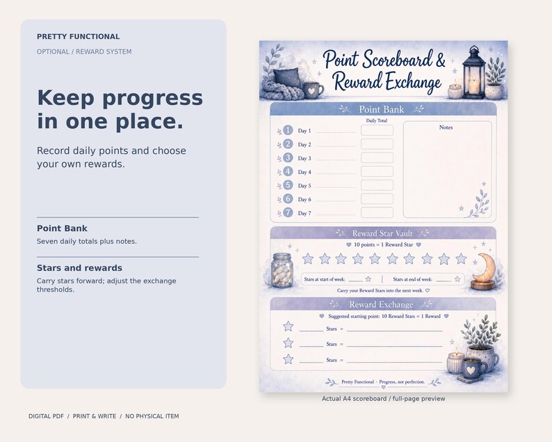Full actual Cozy Daily Checklist A4 scoreboard with seven-day Point Bank, Reward Star Vault and Reward Exchange.