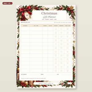 May include: A Christmas Gift Planner printable sheet featuring a festive border of pine branches, red berries, and gold ornaments. The document includes a Master Gift List table with columns for recipient, gift, budget, actual, bought, wrapped, and given.