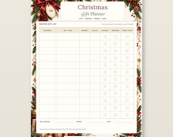 May include: A Christmas Gift Planner printable sheet featuring a festive border of pine branches, red berries, and gold ornaments. The document includes a Master Gift List table with columns for recipient, gift, budget, actual, bought, wrapped, and given.