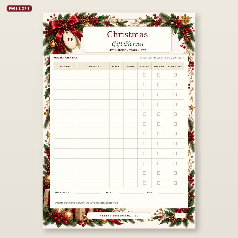 Christmas Gift Planner page 1 shown straight and large: Master gift list, with the actual printable layout and Pretty Functional NL branding.
