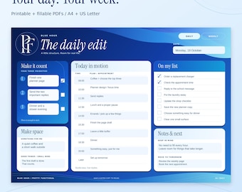 May include: A digital daily planner template in shades of blue featuring sections titled The daily edit, Make it count, Today in motion, On my list, Make space, and Notes & next. The layout includes fields for priorities, hourly schedules, and checklists.