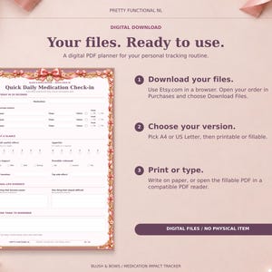 Blush & Bows digital medication planner with a browser download guide, paper-size and file-version choices, and print or fill instructions. Digital files only; no physical item.