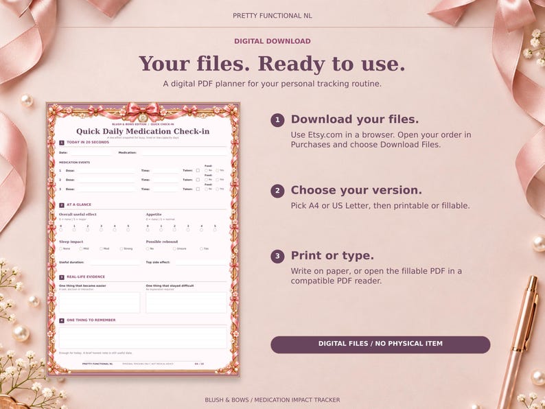 Blush & Bows digital medication planner with a browser download guide, paper-size and file-version choices, and print or fill instructions. Digital files only; no physical item.