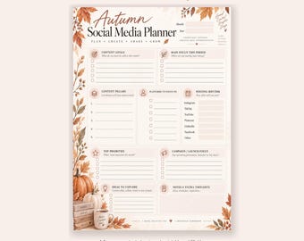 May include: An Autumn Social Media Planner page featuring sections for content goals, pillars, and posting rhythm. The design includes watercolor-style orange and brown autumn leaves, pumpkins, and a stack of books with a mug in the corner.
