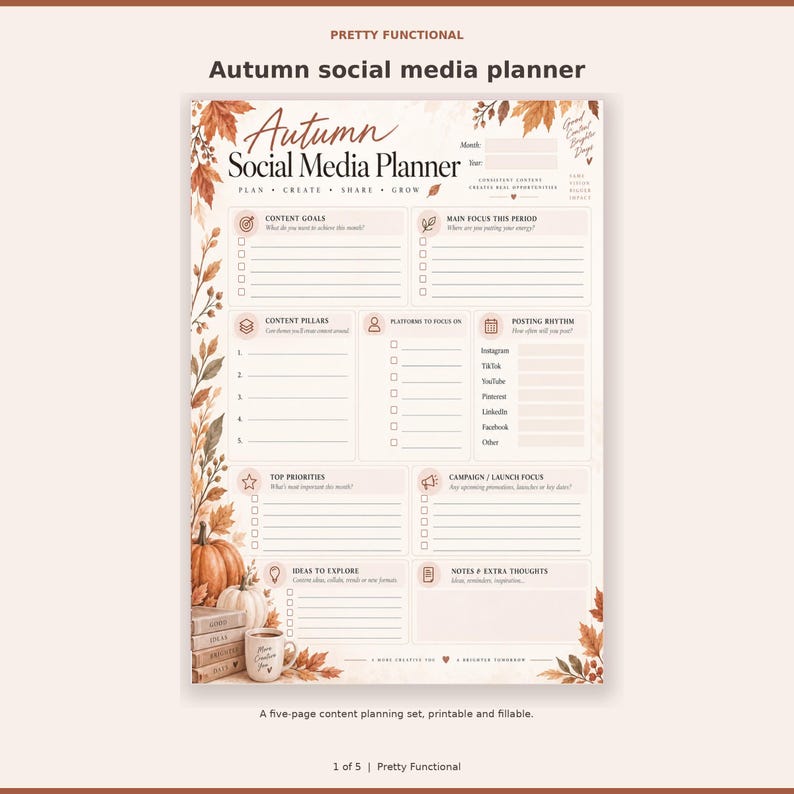 K&ouml;nnte beinhalten: Eine Herbst-Social-Media-Planer-Seite mit Abschnitten f&uuml;r Inhaltsziele, S&auml;ulen und Posting-Rhythmus. Das Design zeigt aquarellartige orangefarbene und braune Herbstbl&auml;tter, K&uuml;rbisse sowie einen B&uuml;cherstapel mit einer Tasse in der Ecke.