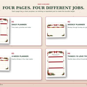 Four-page Christmas planner set showing daily, weekly, four-week and flexible ideas pages in matching red, green and gold holiday designs.