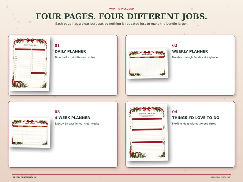 Four-page Christmas planner set showing daily, weekly, four-week and flexible ideas pages in matching red, green and gold holiday designs.