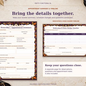 Halloween prescriber appointment summary beside the medication and dose-change timeline. A separate observation and appointment notes page is also included.