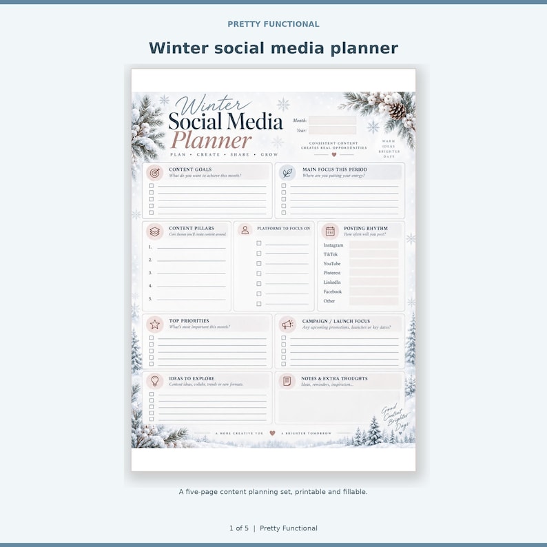Centered winter social media overview page with seasonal accents, content goals, platforms and ideas.