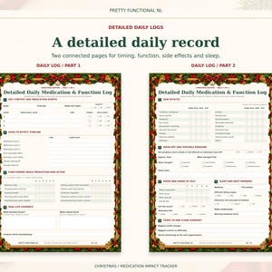 Two complete detailed daily medication log pages in the Christmas design, showing dose timing, functioning ratings, side effects, sleep and real-life examples.