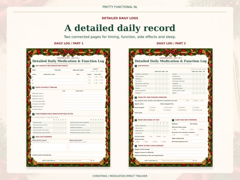 Two complete detailed daily medication log pages in the Christmas design, showing dose timing, functioning ratings, side effects, sleep and real-life examples.
