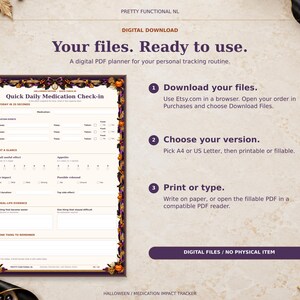 Halloween digital medication planner with a browser download guide, paper-size and file-version choices, and print or fill instructions. Digital files only; no physical item.