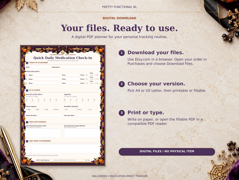 Halloween digital medication planner with a browser download guide, paper-size and file-version choices, and print or fill instructions. Digital files only; no physical item.