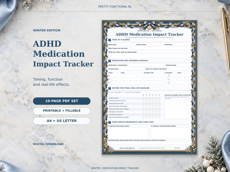 Winter ADHD medication tracker with blue ribbons, snowy greenery and gold details, showing the trial profile and baseline page. Printable and fillable 10-page PDF set in A4 and US Letter.
