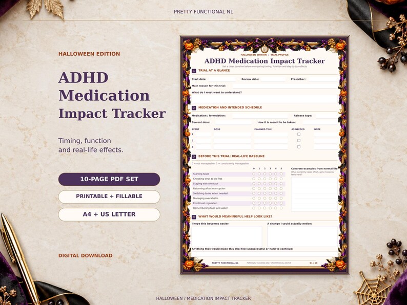 Halloween ADHD medication tracker with purple and black ribbons, orange pumpkins and gold details, showing the trial profile and baseline page. Printable and fillable 10-page PDF set in A4 and US Letter.