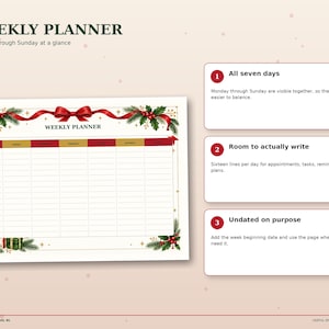 Christmas weekly planner printable with Monday through Sunday columns and spacious lines for appointments, tasks, reminders and plans.