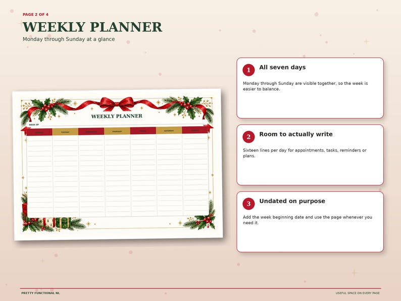 Christmas weekly planner printable with Monday through Sunday columns and spacious lines for appointments, tasks, reminders and plans.