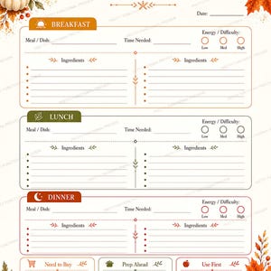 A printable daily meal planner sheet with sections for breakfast, lunch, dinner, and shopping lists, decorated with autumn leaves and pumpkins.
