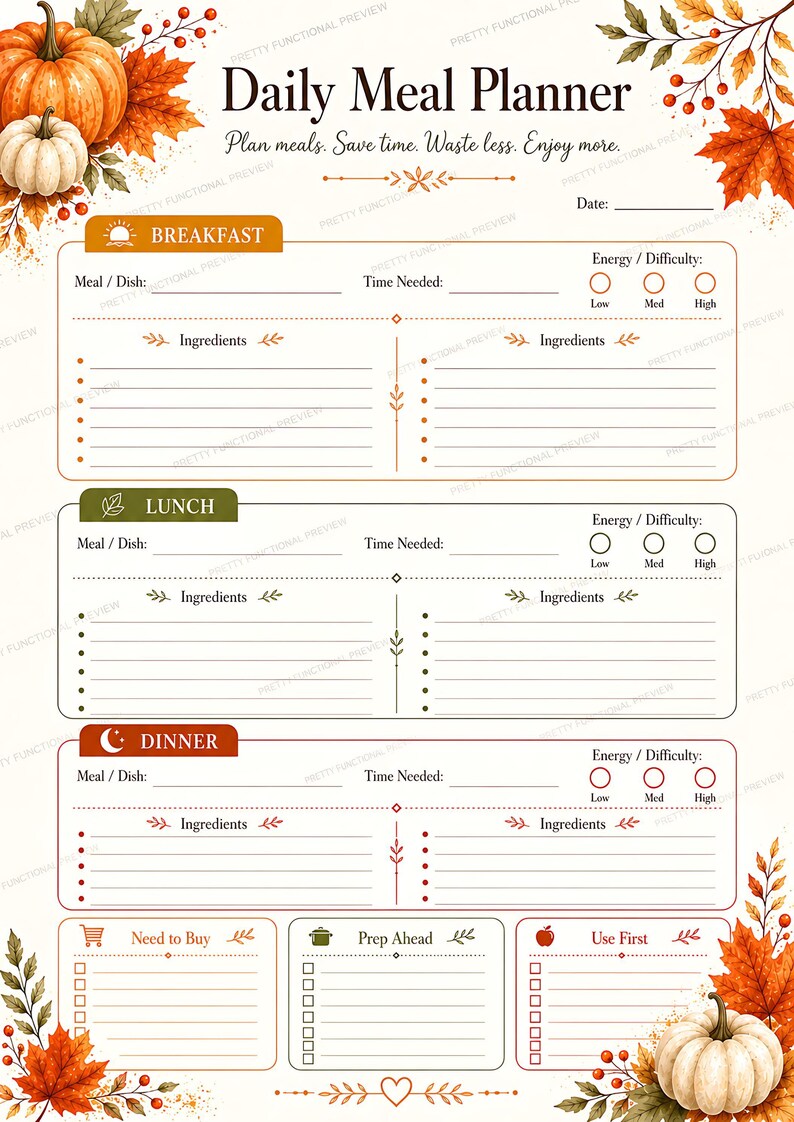 A printable daily meal planner sheet with sections for breakfast, lunch, dinner, and shopping lists, decorated with autumn leaves and pumpkins.