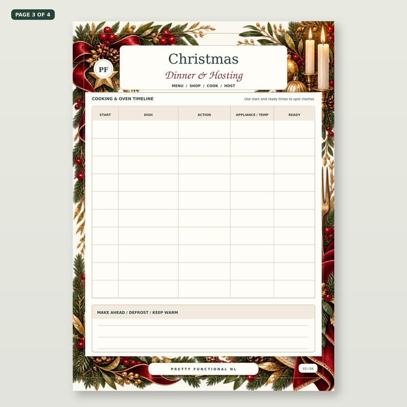 Christmas Dinner & Hosting Planner page 3 shown straight and large: Cooking & oven timeline, with the actual printable layout and Pretty Functional NL branding.